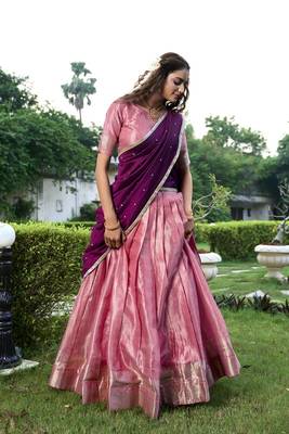Pink Kanchipuram Zari Weaving Work South Style Fully Stitched Lehenga Blouse With Dupatta 3