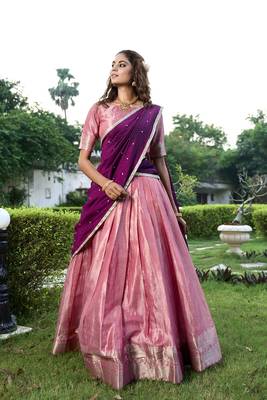 Pink Kanchipuram Zari Weaving Work South Style Fully Stitched Lehenga Blouse With Dupatta 4