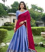 Royalblue Kanchipuram Zari Weaving Work South Style Fully Stitched LehengaUnstitched Blouse With Dupatta