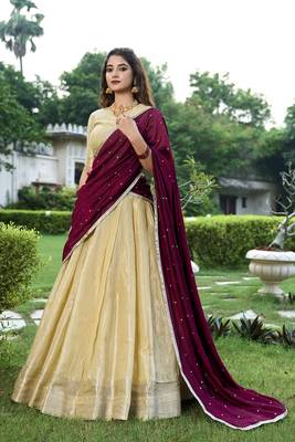 Cream Kanchipuram Zari Weaving Work South Style Fully Stitched LehengaUnstitched Blouse With Dupatta 1