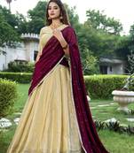 Cream Kanchipuram Zari Weaving Work South Style Fully Stitched LehengaUnstitched Blouse With Dupatta