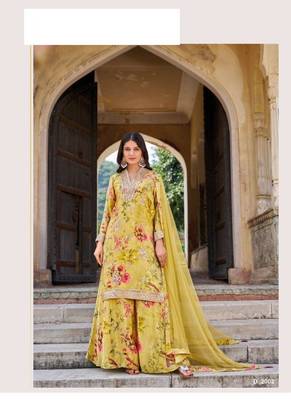Yellow floral print sequins work full stitched gharara suits 1