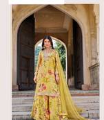 Yellow floral print sequins work full stitched gharara suits
