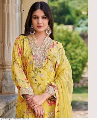 Yellow floral print sequins work full stitched gharara suits 2