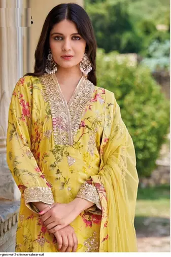 Yellow floral print sequins work full stitched gharara suits
