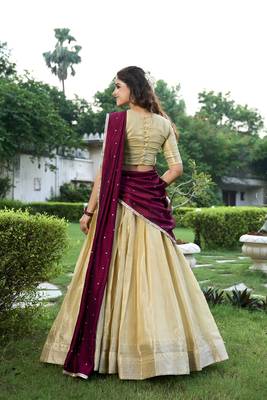 Cream Kanchipuram Zari Weaving Work South Style Fully Stitched LehengaUnstitched Blouse With Dupatta 2