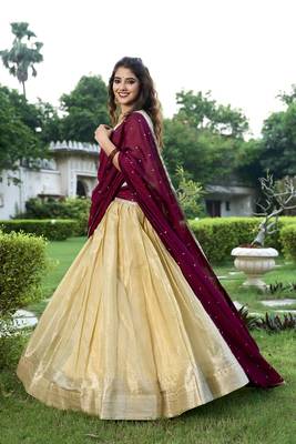 Cream Kanchipuram Zari Weaving Work South Style Fully Stitched LehengaUnstitched Blouse With Dupatta 3