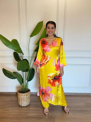 Yellow floral print mirror work gaji silk kuta set 1