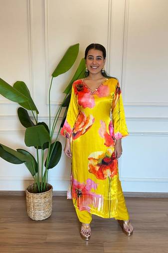 Yellow floral print mirror work gaji silk kuta set