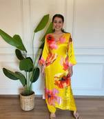 Yellow floral print mirror work gaji silk kuta set