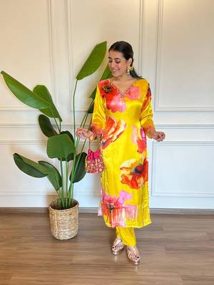 Yellow floral print mirror work gaji silk kuta set 2