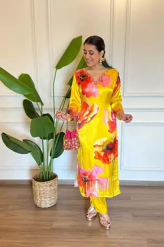 Yellow floral print mirror work gaji silk kuta set
