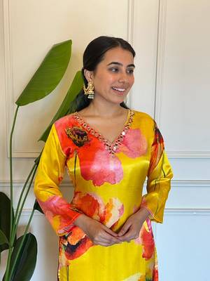 Yellow floral print mirror work gaji silk kuta set 3