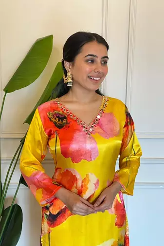 Yellow floral print mirror work gaji silk kuta set