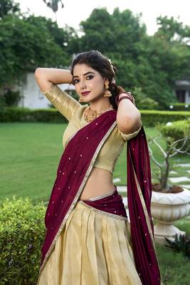 Cream Kanchipuram Zari Weaving Work South Style Fully Stitched LehengaUnstitched Blouse With Dupatta 4
