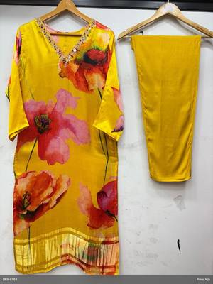 Yellow floral print mirror work gaji silk kuta set 4