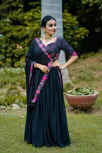 Black Georgette With Embroidered Sequence Work Fully Stitched LehengaUnstitched Blouse With Dupatta