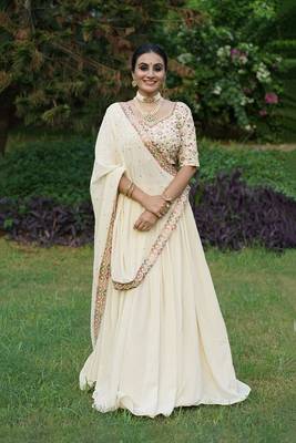 Cream Georgette With Embroidered sequin Work Fully Stitched Lehenga Blouse With Dupatta 1