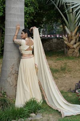 Cream Georgette With Embroidered sequin Work Fully Stitched Lehenga Blouse With Dupatta 2