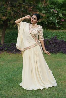 Cream Georgette With Embroidered sequin Work Fully Stitched Lehenga Blouse With Dupatta 3
