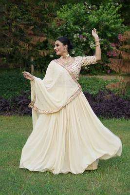 Cream Georgette With Embroidered sequin Work Fully Stitched Lehenga Blouse With Dupatta 4