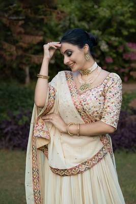 Cream Georgette With Embroidered sequin Work Fully Stitched Lehenga Blouse With Dupatta 5