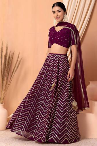maroon sequins zari embroidered georgette lehenga set choli with dupatta with dupatta