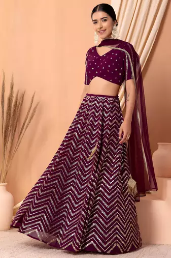 maroon sequins zari embroidered georgette lehenga set choli with dupatta with dupatta