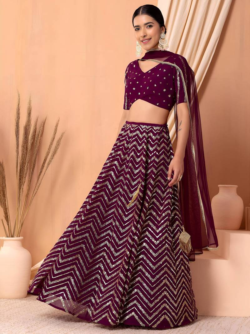 maroon sequins zari embroidered georgette lehenga set choli with dupatta with dupatta
