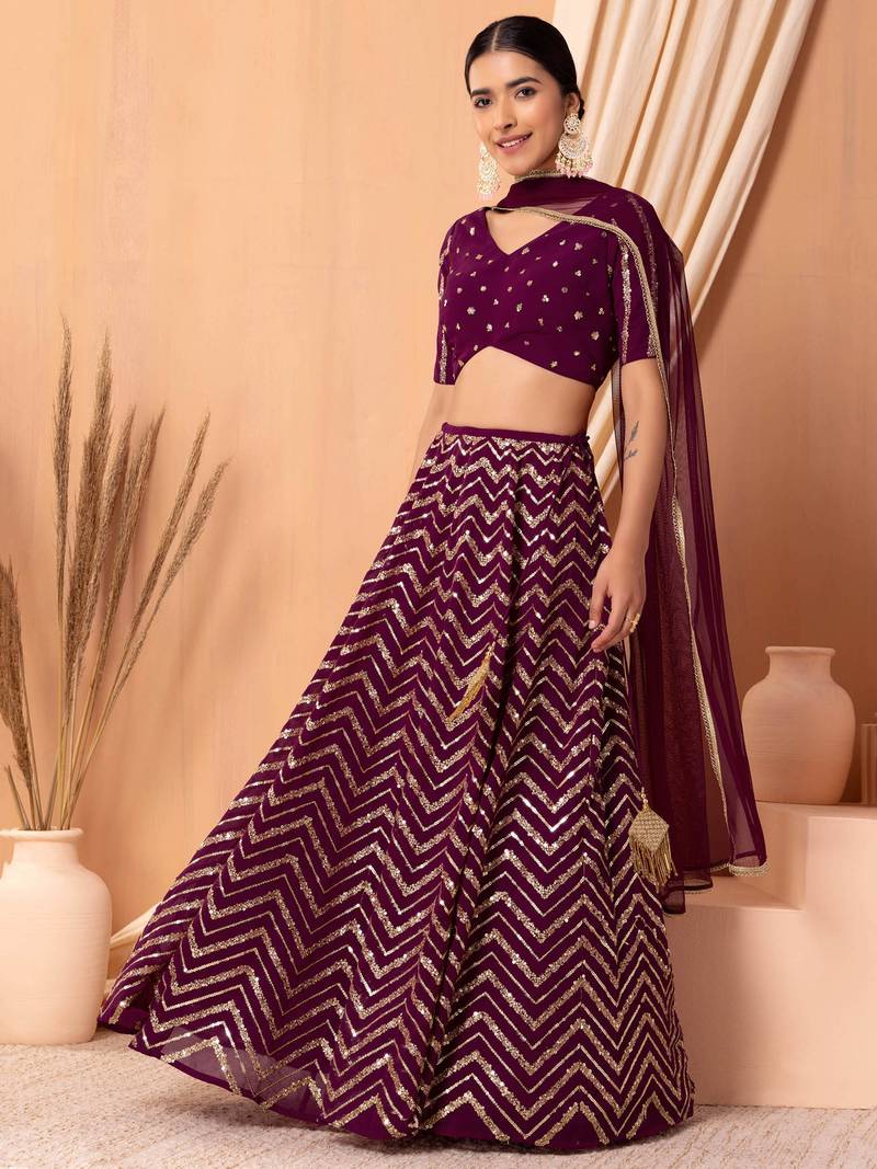 Wonderful Maroon Sequins Zari Embroidered Georgette Designer Lehenga Choli with Dupatta