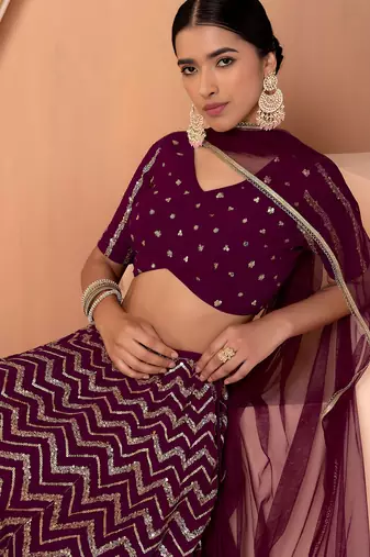 maroon sequins zari embroidered georgette lehenga set choli with dupatta with dupatta