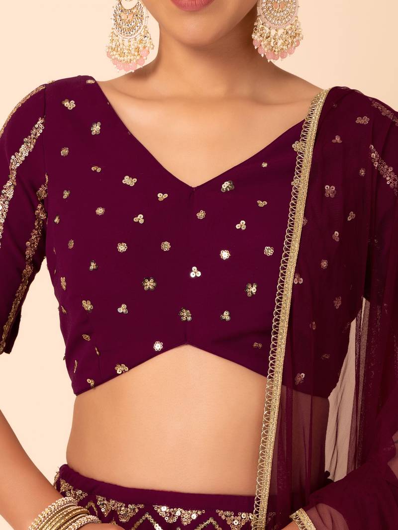 Wonderful Maroon Sequins Zari Embroidered Georgette Designer Lehenga Choli with Dupatta