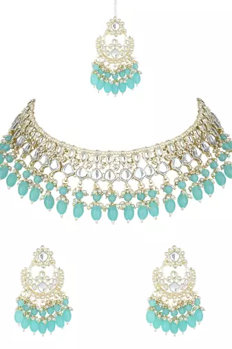 I jewels gold plated traditional kundan & pearl choker necklace jewellery set 