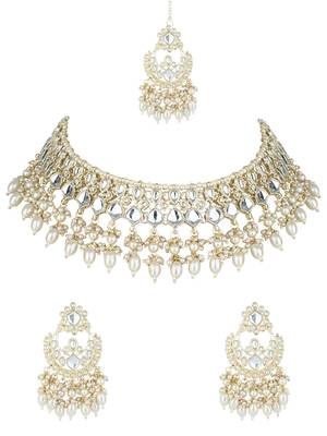I jewels gold plated traditional kundan & pearl choker necklace jewellery set  2