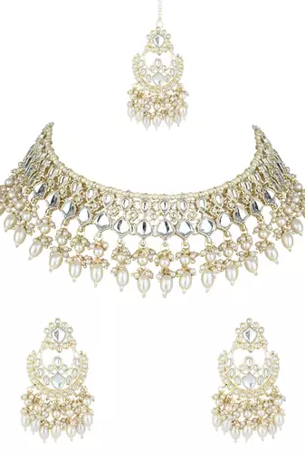 I jewels gold plated traditional kundan & pearl choker necklace jewellery set 