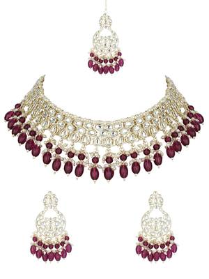 gold plated traditional kundan & pearl choker necklace jewellery set 2