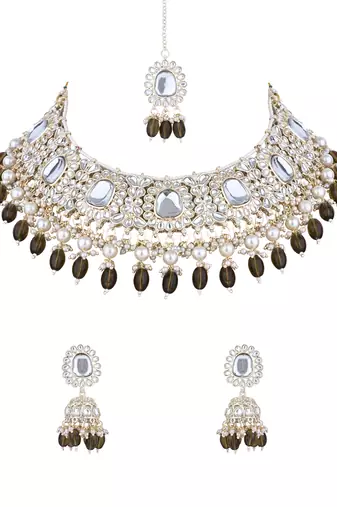 gold plated traditional kundan & pearl drop choker necklace jewellery set