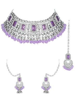 silver plated traditional kundan & pearl bridal choker necklace jewellery set  2