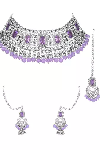 silver plated traditional kundan & pearl bridal choker necklace jewellery set 