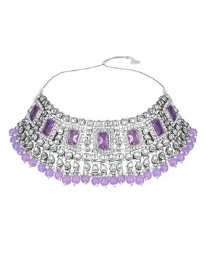 silver plated traditional kundan & pearl bridal choker necklace jewellery set  3