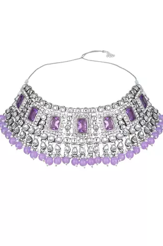 silver plated traditional kundan & pearl bridal choker necklace jewellery set 