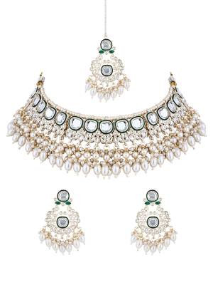 gold plated traditional kundan & pearl meenakari choker necklace jewellery set 2
