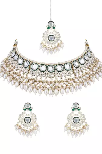 gold plated traditional kundan & pearl meenakari choker necklace jewellery set