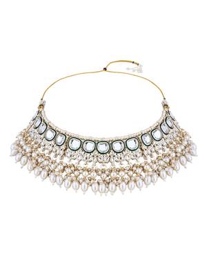 gold plated traditional kundan & pearl meenakari choker necklace jewellery set 4