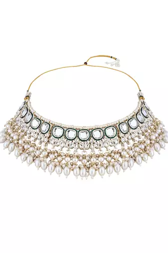 gold plated traditional kundan & pearl meenakari choker necklace jewellery set