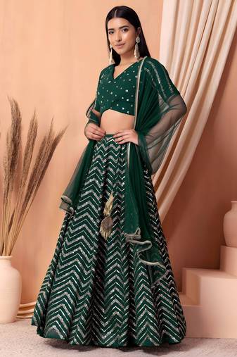 green sequins zari embroidered georgette lehenga set choli with dupatta with dupatta