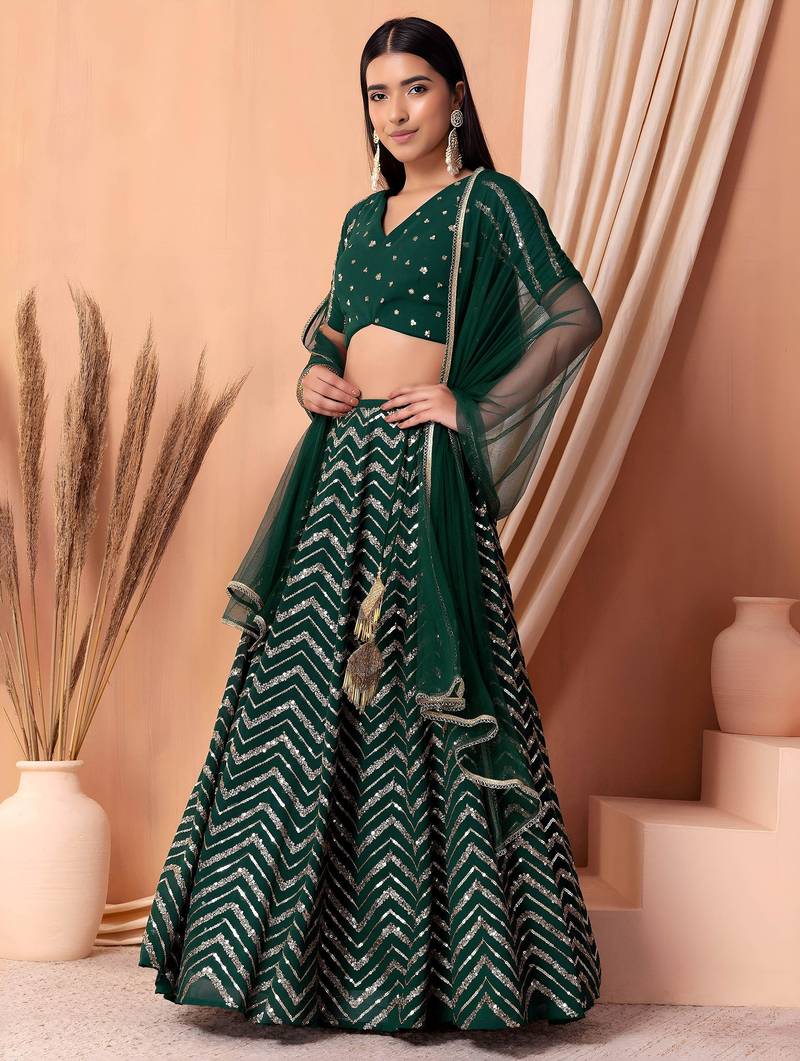 green sequins zari embroidered georgette lehenga set choli with dupatta with dupatta