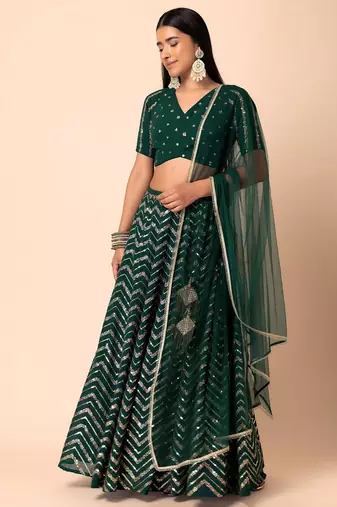 green sequins zari embroidered georgette lehenga set choli with dupatta with dupatta