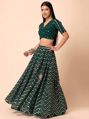 green sequins zari embroidered georgette lehenga set choli with dupatta with dupatta 3