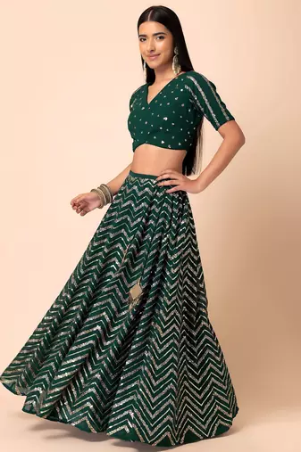 green sequins zari embroidered georgette lehenga set choli with dupatta with dupatta